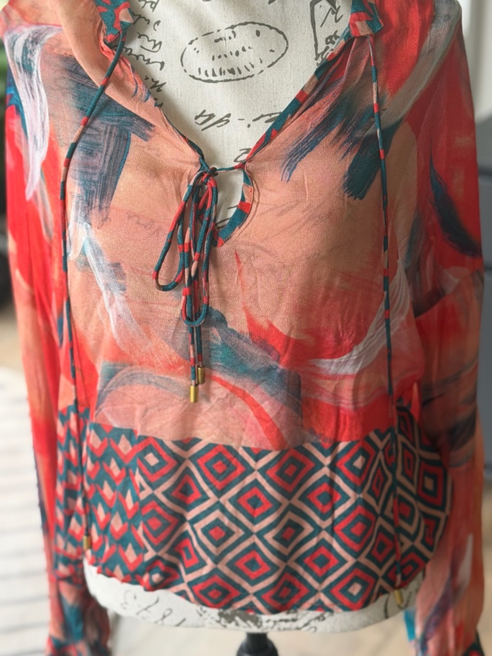 Anthropologie Sheer Painterly Blouse in Coral & Teal